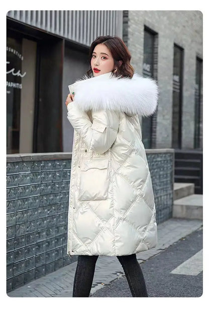 2023 Autumn Winter Hooded Fur Collar Long Parkas Mujer Thick Warm Down Cotton Padded Jacket Women Casual Hoodies Coat Female