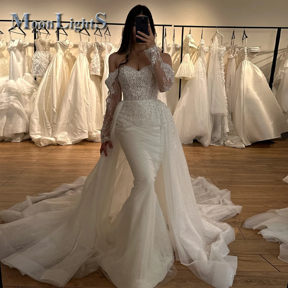 Moonlight Vintage Wedding Dress for Women Appliques Off the Shoulder Sequined Mermaid Lace up Robe De Mariee Customized