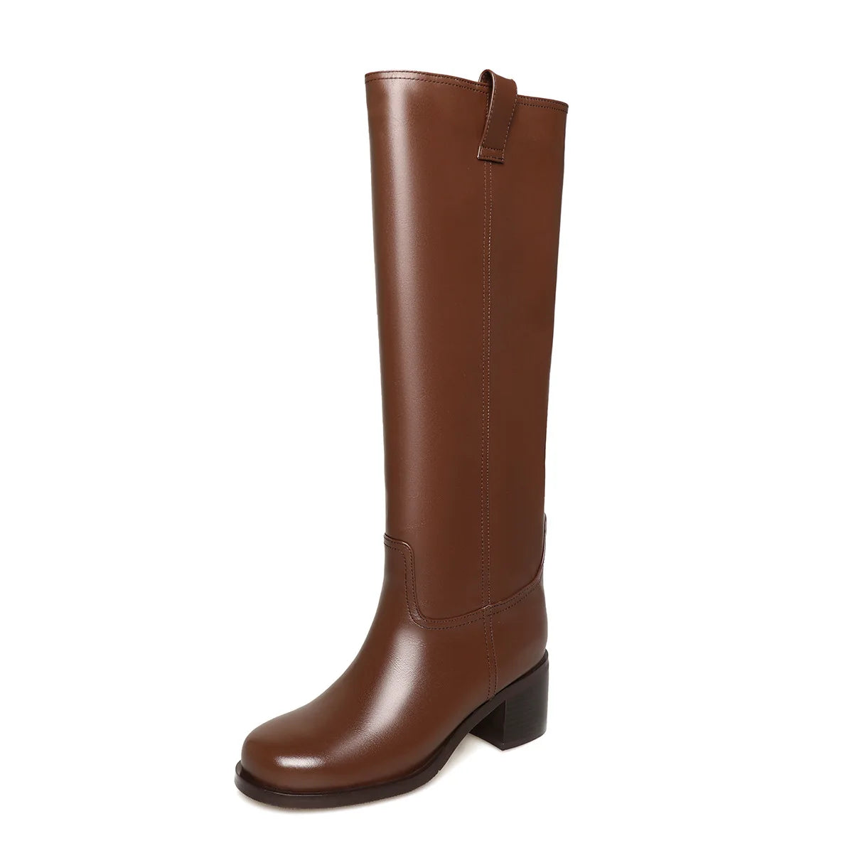Arden Furtado Autumn Cowhide Knee High Boots Round Toe Pull-On Chunky Heels Riding Boots British Style Large Size Boots