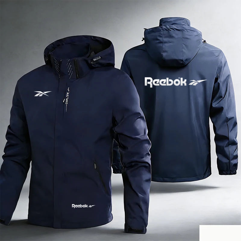 Reebok Logo Men's Waterproof and Windproof Jacket, Lightweight and Minimalist Outerwear, Hooded Outdoor Raincoat, Hiking and Mou