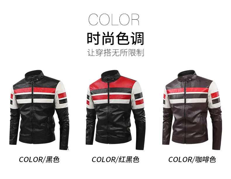 White and Red Patchwork Men's PU Jacket, Stylish Vintage Biker Faux Leather Coat, Available in Black or Brown.