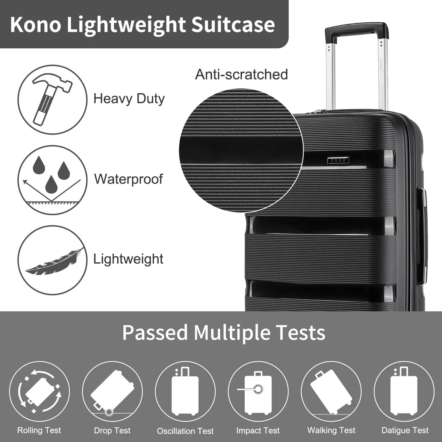 KONO Hardshell Suitcase, Lightweight Polypropylene Luggage with 4 Spinner Wheels & TSA Lock, 19/24/28 Inch Multiple Size Optional Large Capacity Travel Case