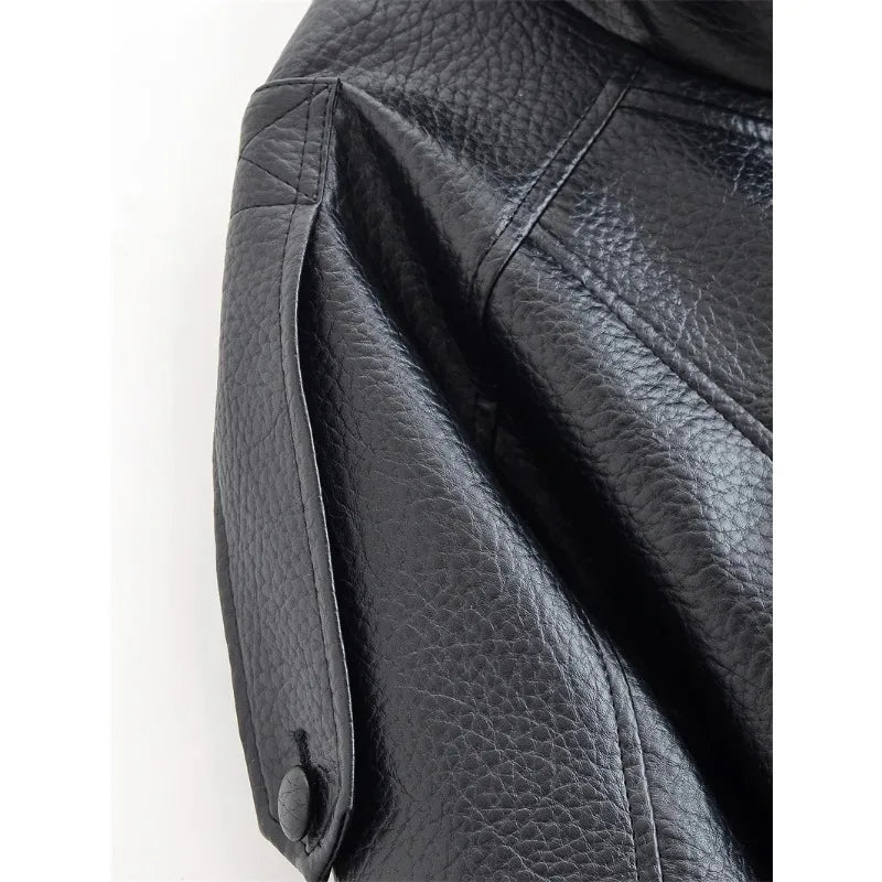 Women's 2026 Autumn New Classic Commuter Style Black Long Sleeve Pebble Faux Leather Motorcycle Fashion Jacket