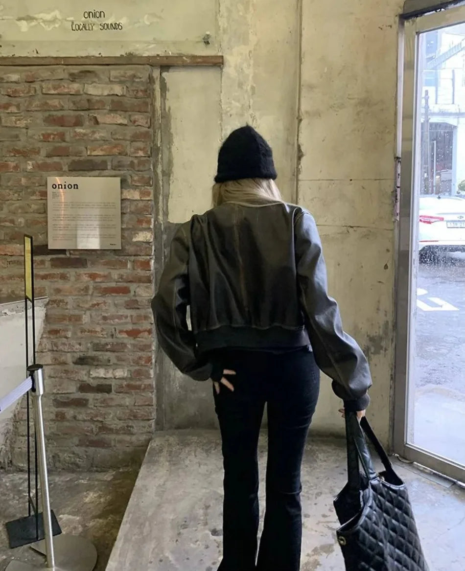 New in Autumn Winter Women High End Short Motorcycle Leather Jacket Women Top Retro Brown Loose Casual Coat Female Clothing