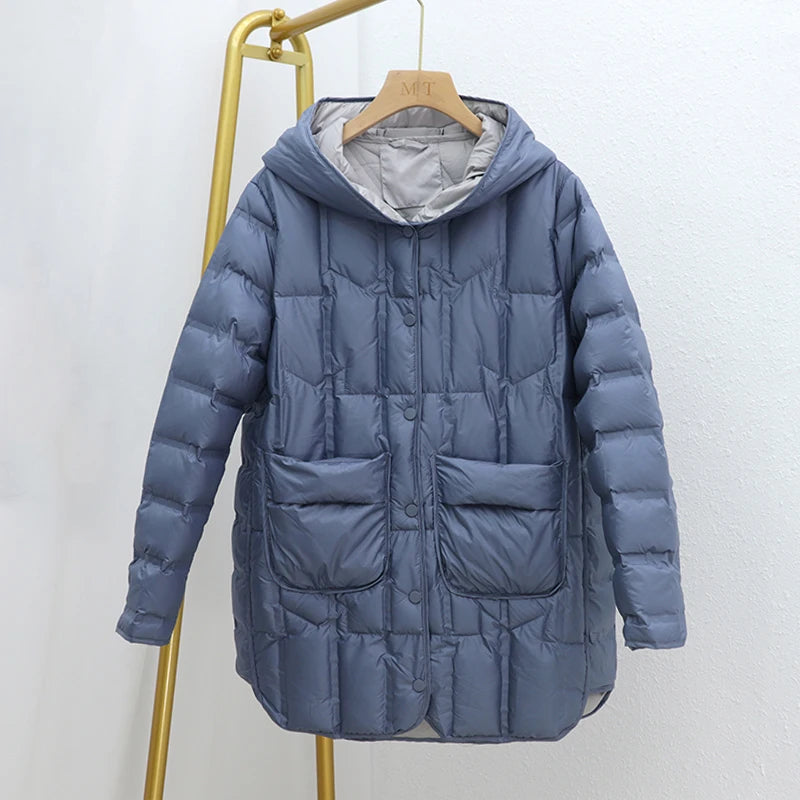 Autumn Winter Women Mid-Long Hooded Puffer Coat Ultra Light White Duck Down Jacket Female Single Breasted Parkas