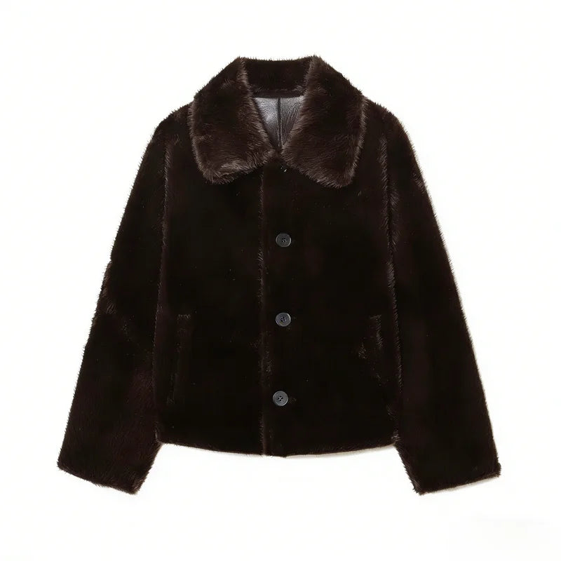 Women's Jacket 2025 Autumn/Winter New Arrivals Dark Brown Long-Sleeve Faux Leather Reversible Jacket Stylish and Unique