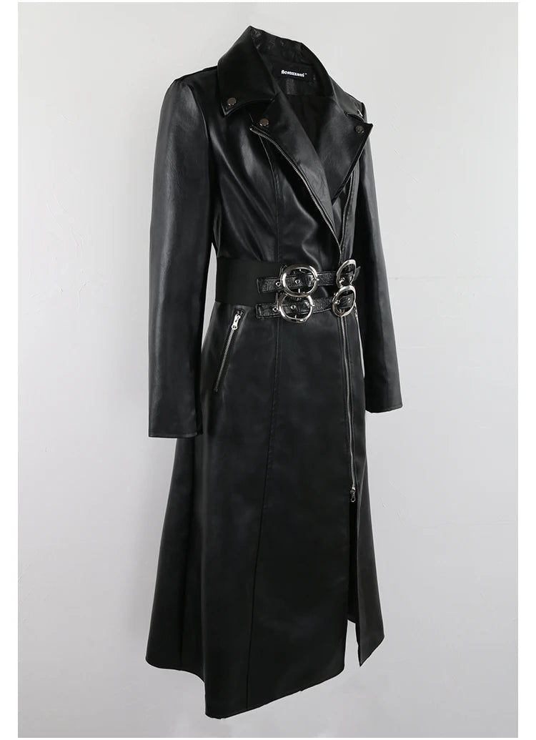 Nerazzurri Spring Autumn Long Black Stretchy Velvet Patchwork Pu Leather Coat Women with Double Belt Luxury Designer Clothes