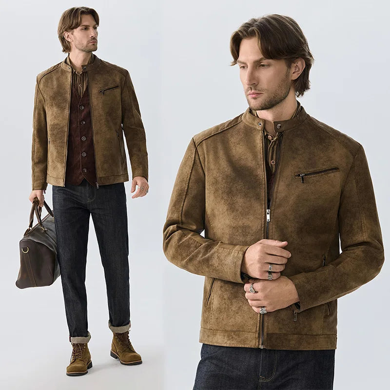 Men's PU Leather Jacket Faux Fur Leather Jacket Thickened Plush Autumn Winter Warm Leather Jacket High-End Business Leather Coat