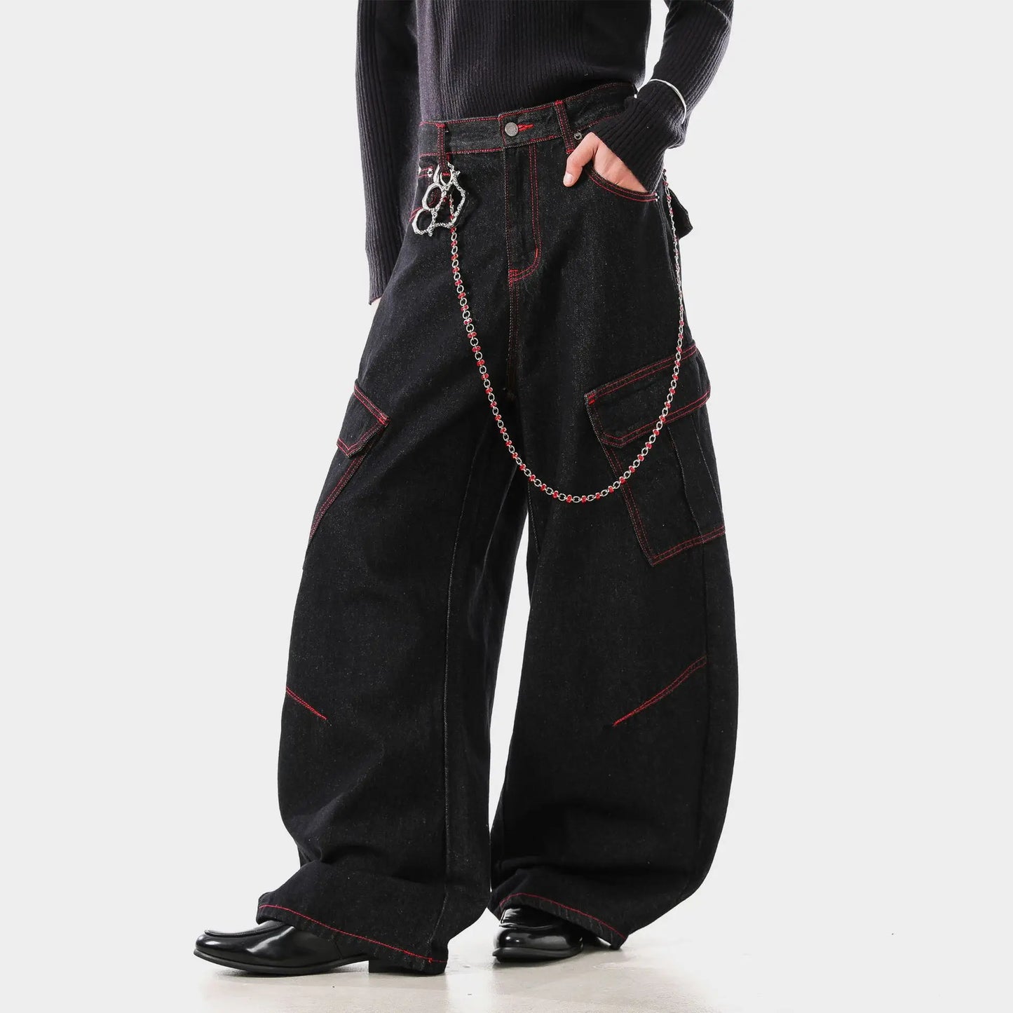 American Retro Washed Denim Jeans Multi Pocket Loose Slimming Long Trousers Straight Cut Mid Waist Zipper Fly Casual Jeans