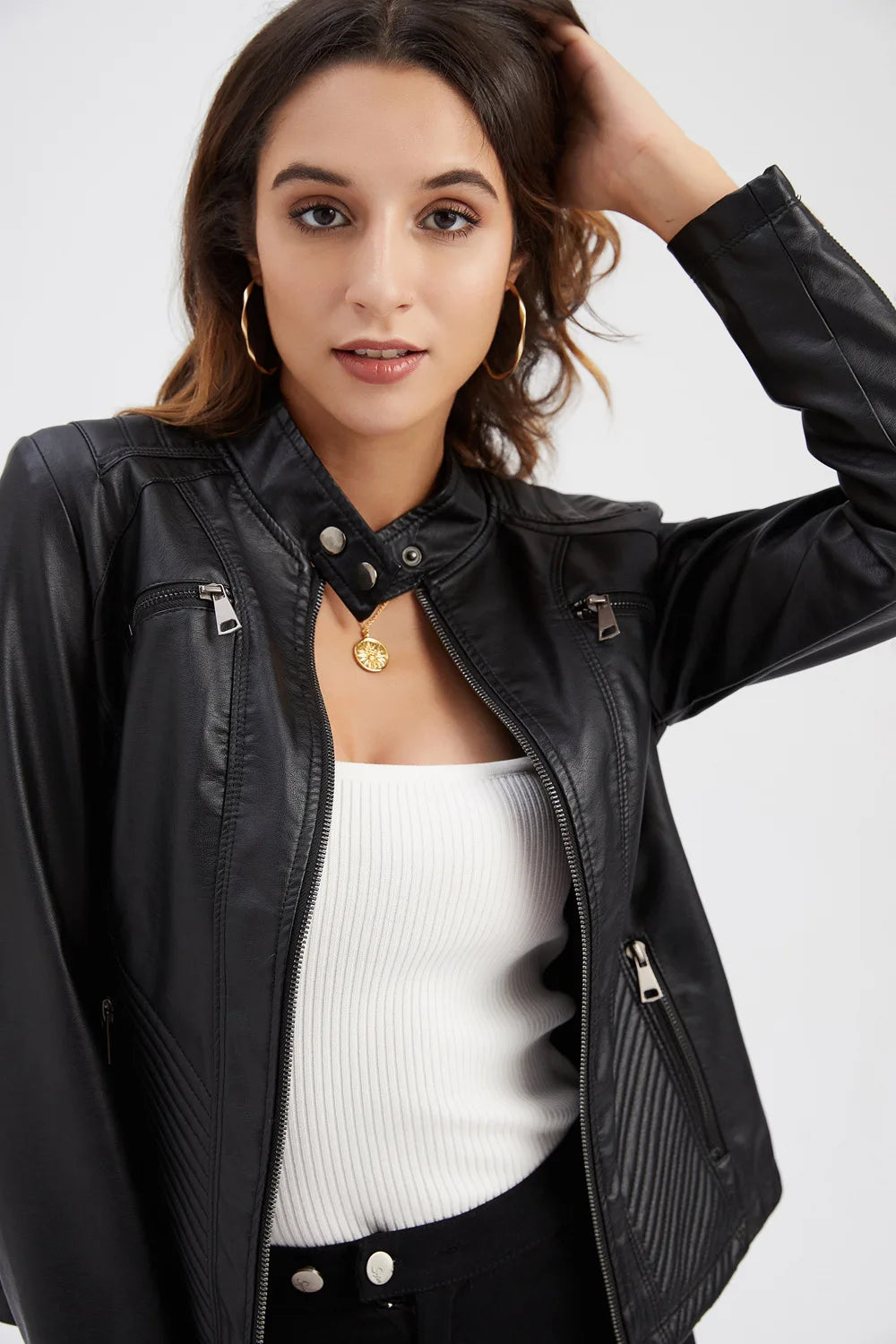 Ladies casual stand-up collar jacket Slim models women's spring and autumn solid color women's leather jacket