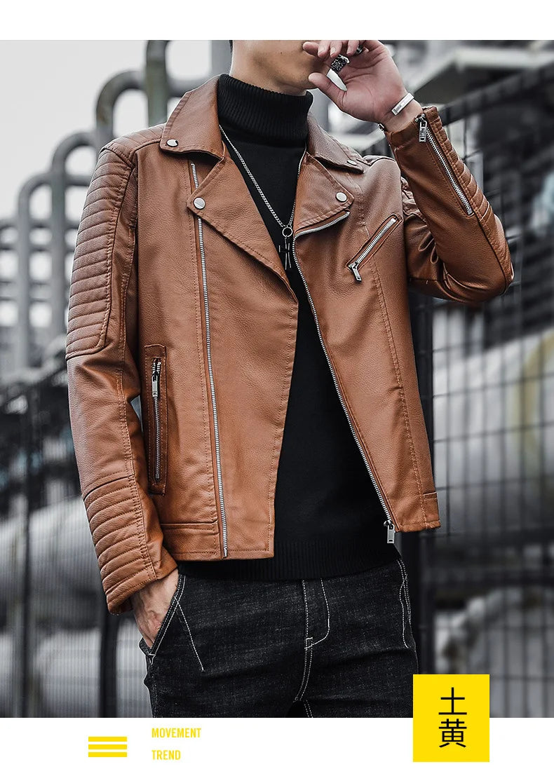 Male Slim Fit Pu Leather Coats Mens Motorcycle Jackets Black Outwear Leather Coats Man High Quality Business Leather Jacket
