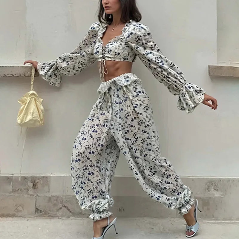 Summer Floral Trousers Set Comfortable Street Style Long-sleeved Waist-revealing Lace-up Top Wide-leg Trousers Two-piece Set