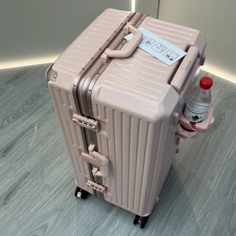 New Suitcase Aluminum Frame Rolling Luggage with Cup Holder Cabin Carrier PC Material Suitcase on Wheels Large Capacity