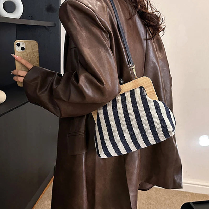 New Black Stripe Canvas Wooden Clip Bag Women Bag Fashion Shoulder Bag Crossbody Bag
