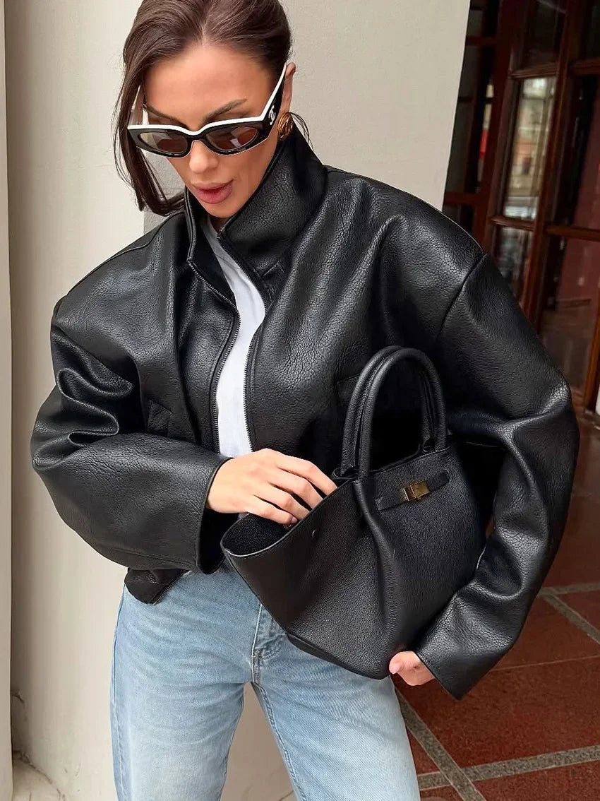 Black Short Leather Jacket Vintage Women's Stand Collar Full Sleeve V-neck Loose Jackets 2026 Lady  Autumn Casual Casual Outwear