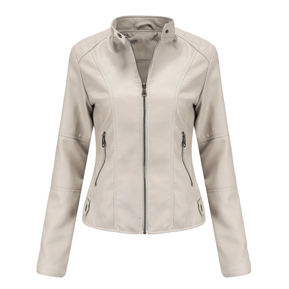 Women's Leather Jacket Women's Slim-Fit Jacket Thin Autumn Jacket Women's Biker Jacket Large Size Standing Collar Leather Jacket