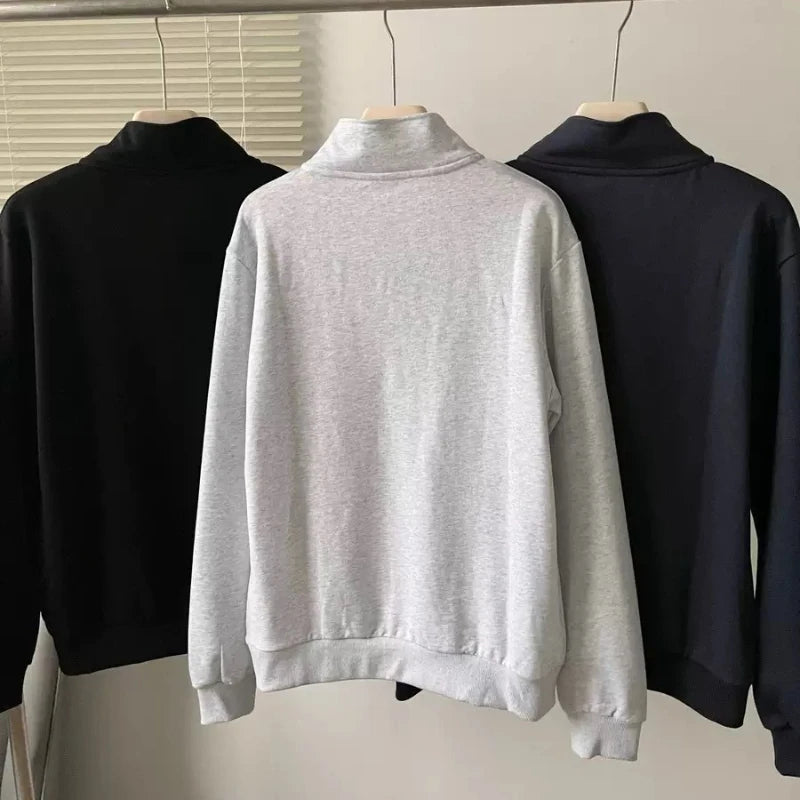 Korean Cotton Loose Fit Sports Pullover Fashion Stand Collar Half-zip Sweatshirt Classic Versatile Autumn Long Sleeves Hoodies