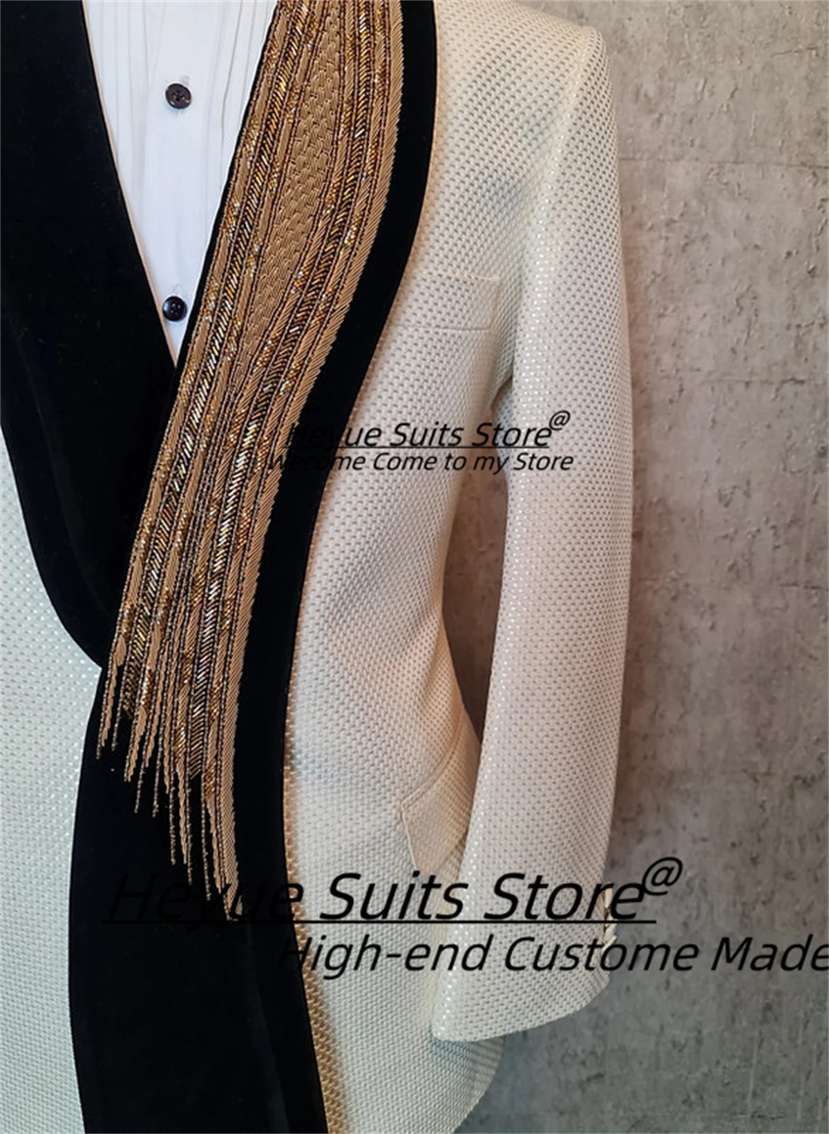 Customized Long Shawl Hand Embroidered Men Suits Elegant White Check Jacquard Groom Wedding Tuxedo 2 Pcs Sets Male Prom Blazers