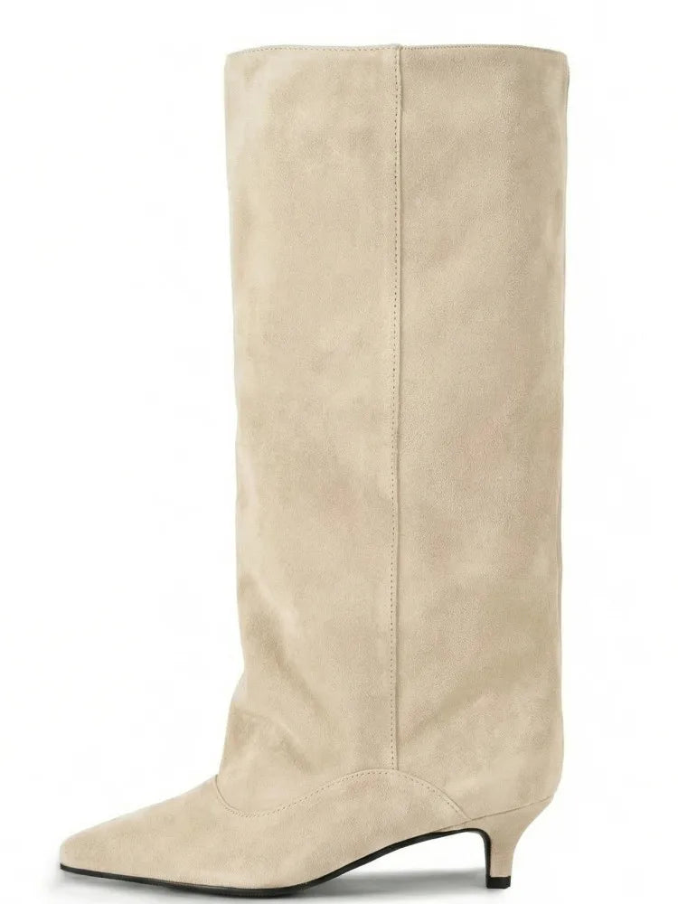 Women's Spring and Autumn New Cat Heel Wide Knee Knee Boots Fashion Pointed Women's Low Heel Mid Heeled Boots