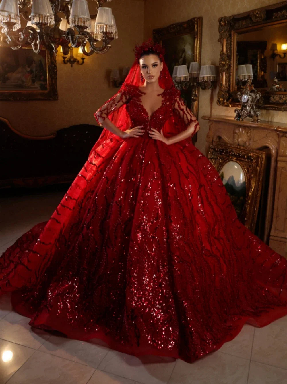 Customized 2026 Classic V-neck Quarter Sleeve Wedding Dress Sparkly Sequins Bridal Gown  Luxury Red Bride Robe Vestidos De Novia