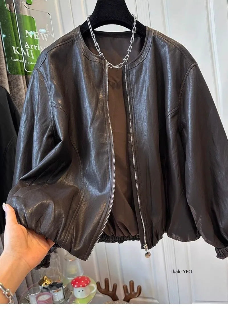 Women's Leather Coat 2026 Spring Autumn Comfortable Loose Slim Female Faux PU Outwear Round Neck Zipper Ladies Short Jacket