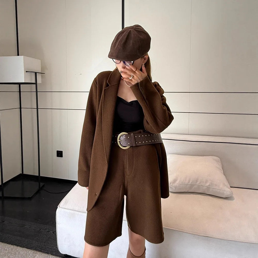 Autumn Winter Double-Sided Cashmere Coat Korean Style Suit Woolen Blazer Women Design Sense Set Korean Fashion Elegant