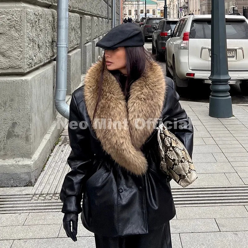 Neo Mint Luxury Brand Fashion Design Black Long Faux Leather Coat Women Detachable Fur Collar Oversized PU Leather Jacket Blazer