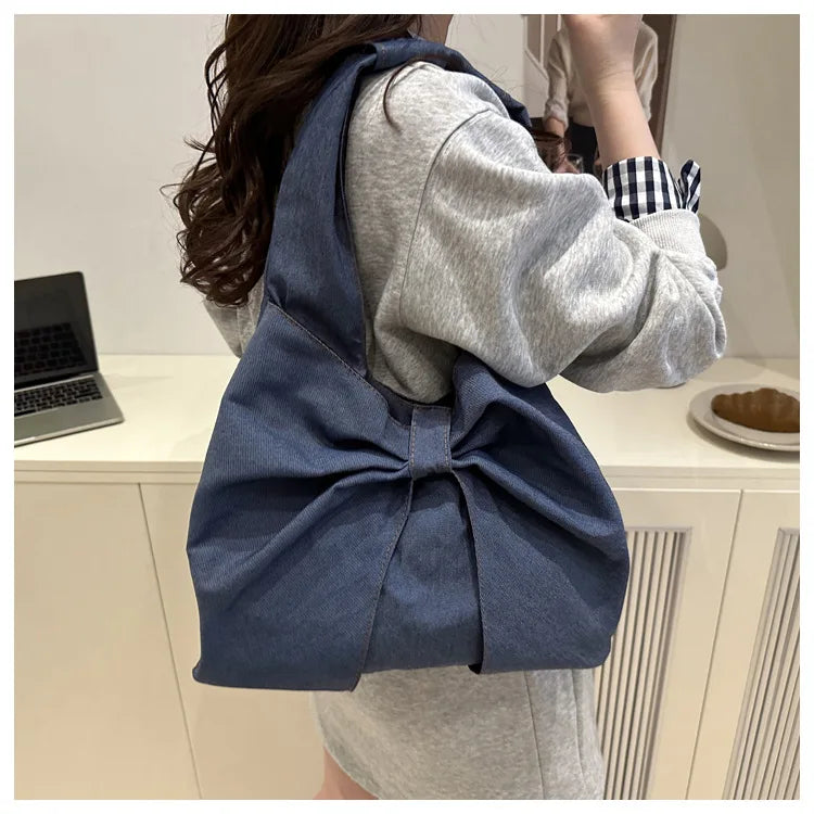 Sweet Bowknot Design Women's Denim Shoulder Bags Commuter Thread Ladies Handbags Casual Lightweight Female Underarm Tote Bag
