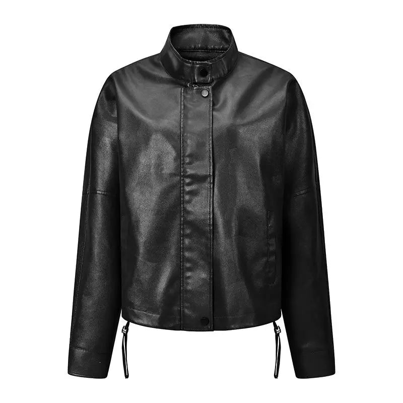 Fashionable Short Casual 3D Leather Jacket Women's Stand Collar Leather Coat Autumn 2026 Thick Synthetic Leather No Brand