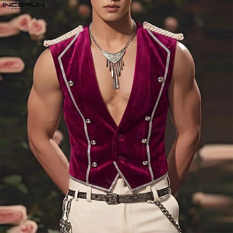 INCERUN Men's Vests Velour Patchwork Lapel Sleeveless Button Male Waistcoats Elegant Streetwear Fashion Casual Vests For Man