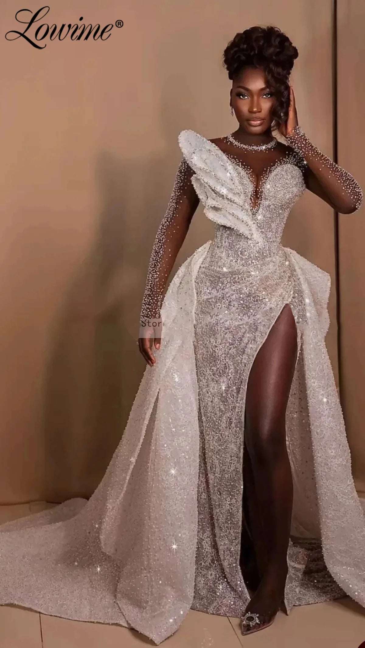 African Wedding Dresses Long Sleeves Sheer Net Mermaid Bridal Gowns 2024 Customized Plus Size Bride Dress With Detachable Train