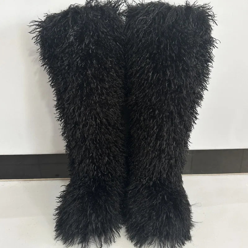 New Over The Knee Fur Boots Women Warm 72CM Long Faux Mongolian Fur Snow Boots Winter Luxury Fluffy Shoes Plush Platform Shoes