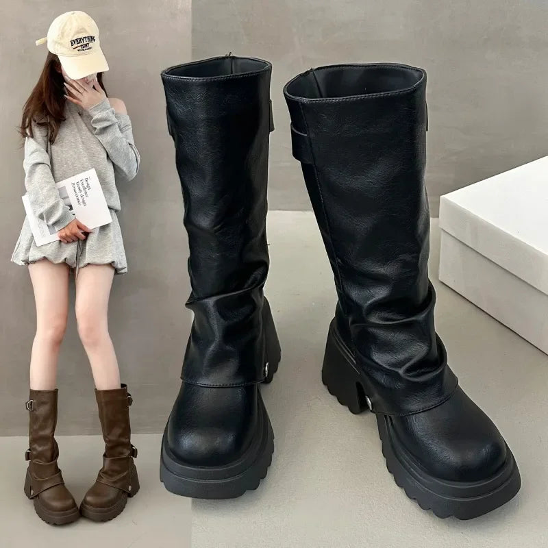 Shang Shi Black Thick High-heeled Thick Soled Boots for Women, 2026 New Winter Versatile Women's Zipper Slimming Pants Leg Boots