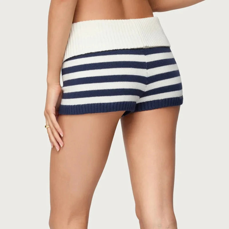 Women Striped Knit Micro Shorts Summer Fold Over Elastic Waist Slim Fit Mini Bottom Y2k Lounge Sweater Shorts Holiday Beachwear