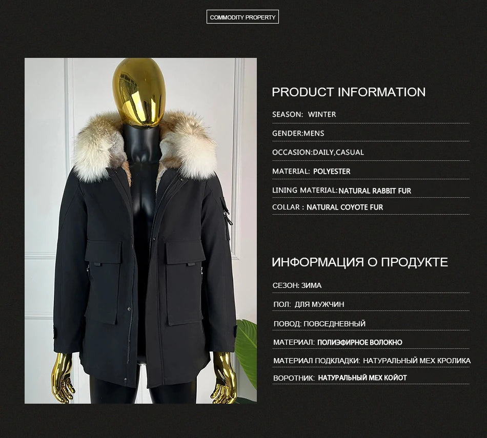 Winter Mens Outerwear Mens Fur Coat Detachable Real Coyote Fur Collar Rabbit Fur Liner Hooded Parka Fashion High Quality