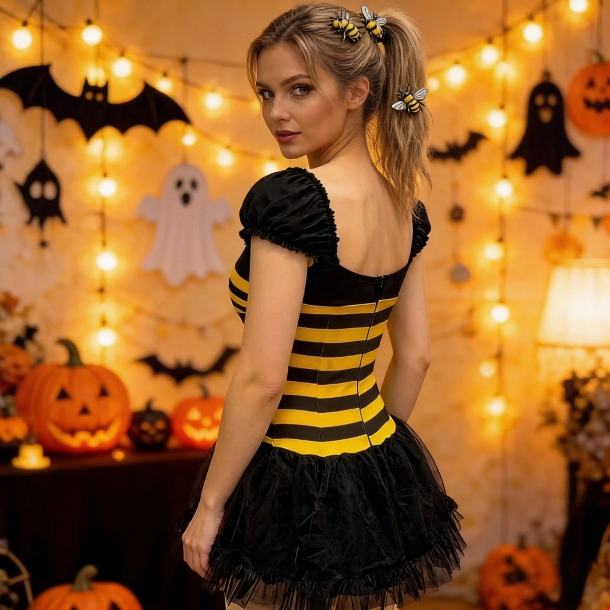 Women Bubble Bee Costume Striped Mini Tulle Dress Wings and Antenna Headband Set of 3 for Halloween Cosplay Party