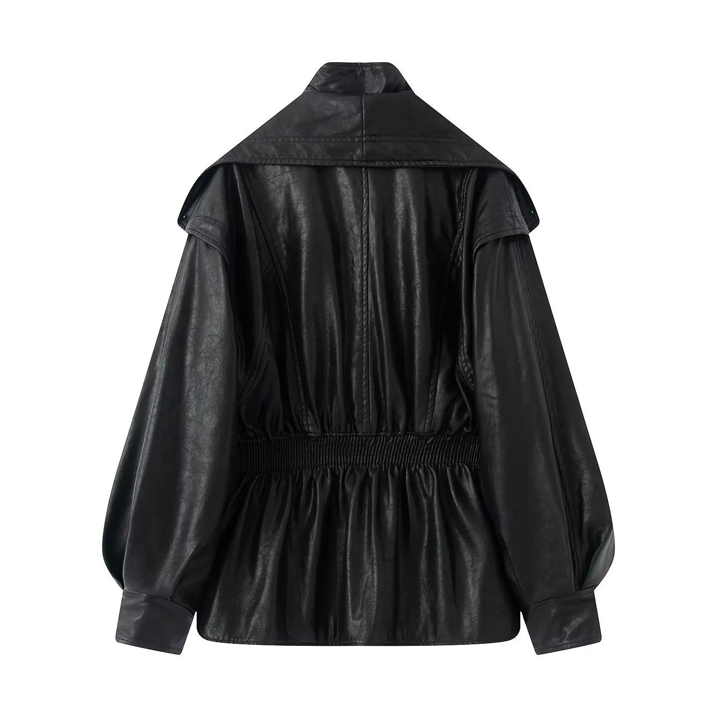 New Fall Winter High Street Warm Brown Zipper Pu Leather Jacket Women Casual Lapel Elastic Waist Cinching Coat Outwear Clothes