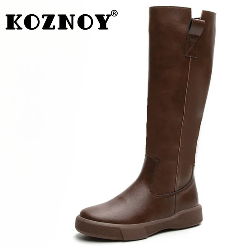 Koznoy 4cm Cow Genuine Leather Microfiber High Top Rubber Knee High Booties Women Chimney Autumn Boots Spring Fashion Shoes