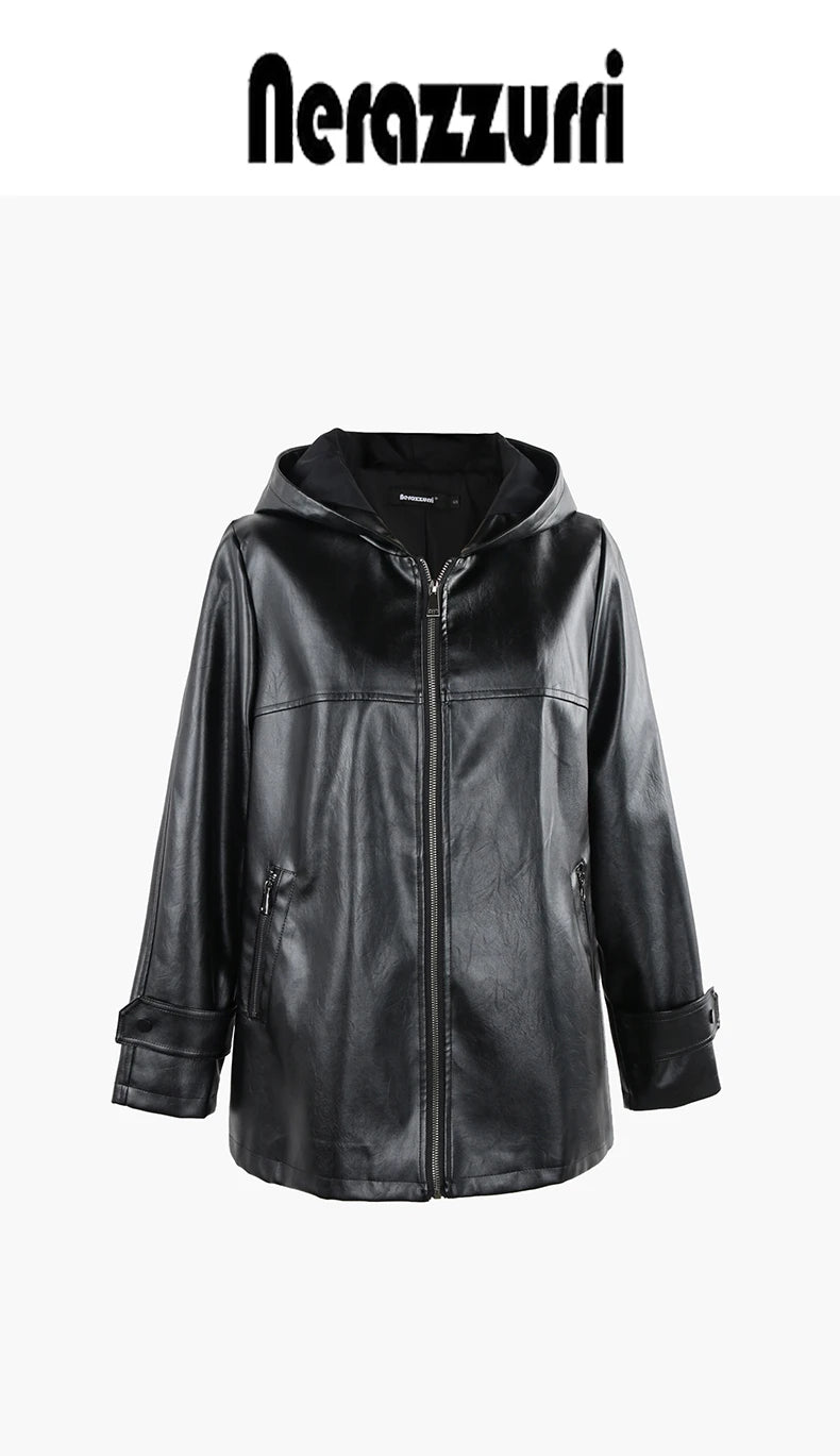 Nerazzurri Spring Autumn Black Waterproof Lightweight Soft Pu Leather Jacket Women with Hood Zipper Loose Casual Clothes 2023