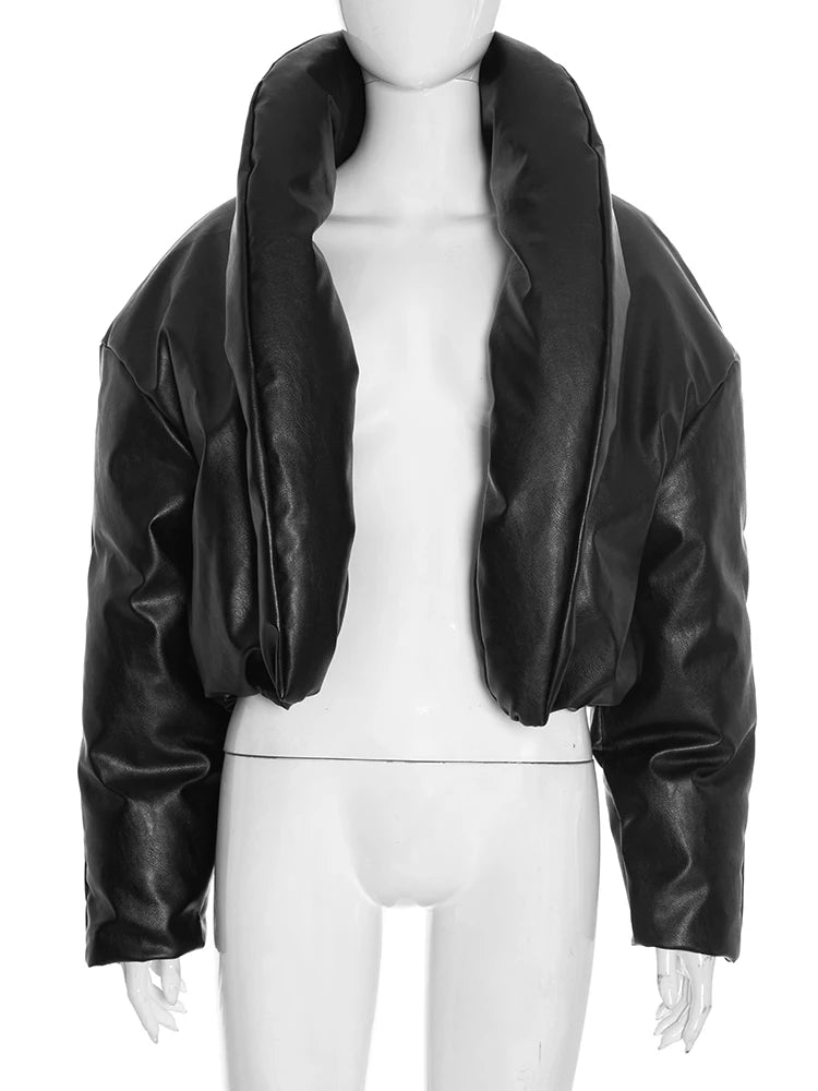 Kliou Faux Leather Puffer Coats Woman Winter Warm Trend Stand Collar Full Sleeve High Street Casual Fashion Style Crop Jacket
