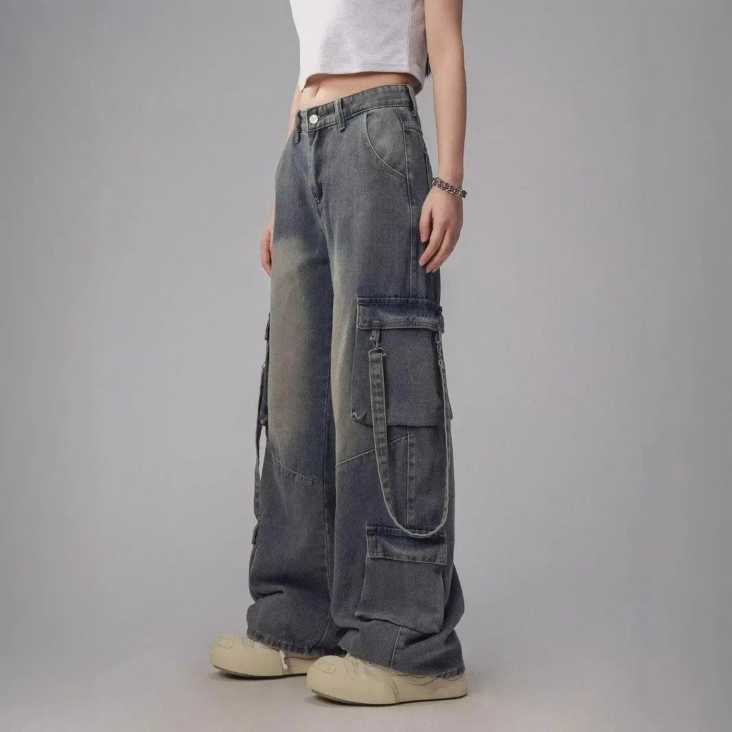 Cargo Straight Full Length Distressed Men Jean Spliced Loose Fit Washed Vintage Denim Pants High Waist Pockets Patchwork
