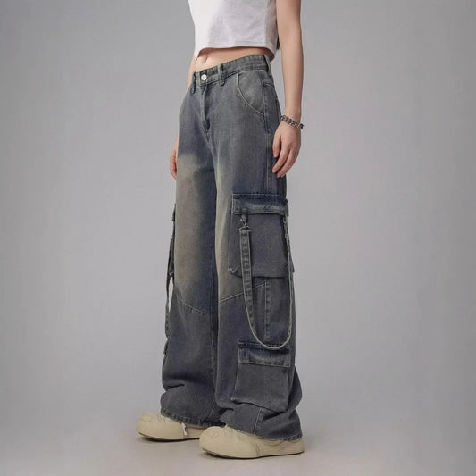 Cargo Straight Full Length Distressed Men Jean Spliced Loose Fit Washed Vintage Denim Pants High Waist Pockets Patchwork