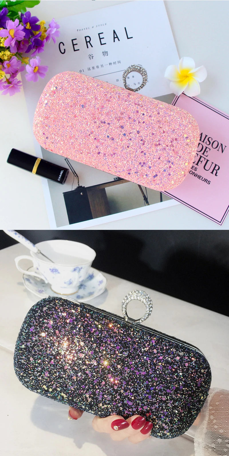 Evening Pink Clutch Designer Bags Women Luxury 2025 Purse Bling Sequins Handbag New Fashion Shoulder Crossbody Small Phone Bag