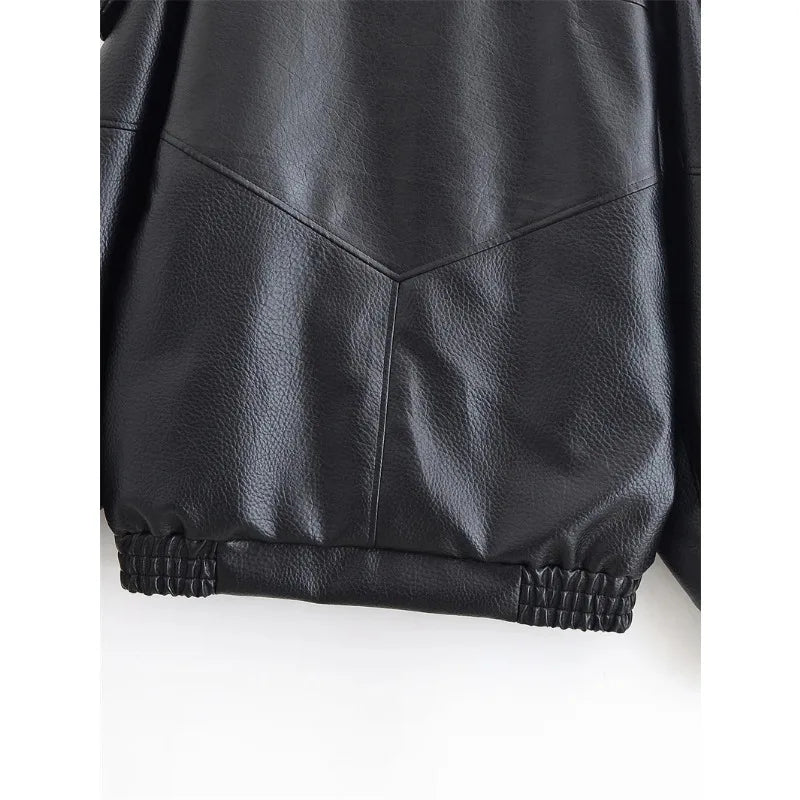 Women's 2026 Autumn New Classic Commuter Style Black Long Sleeve Pebble Faux Leather Motorcycle Fashion Jacket