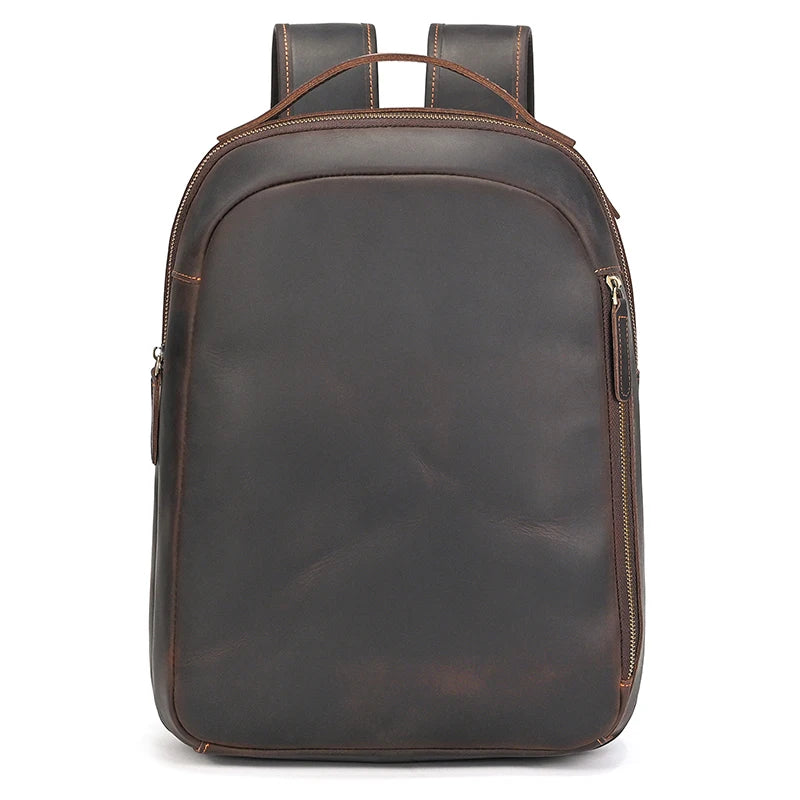 Luufan Men's Retro Crazy Horse Leather Backpack Brown Genuine Leather Rucksack Brown 14 Inch Laptop School Bag