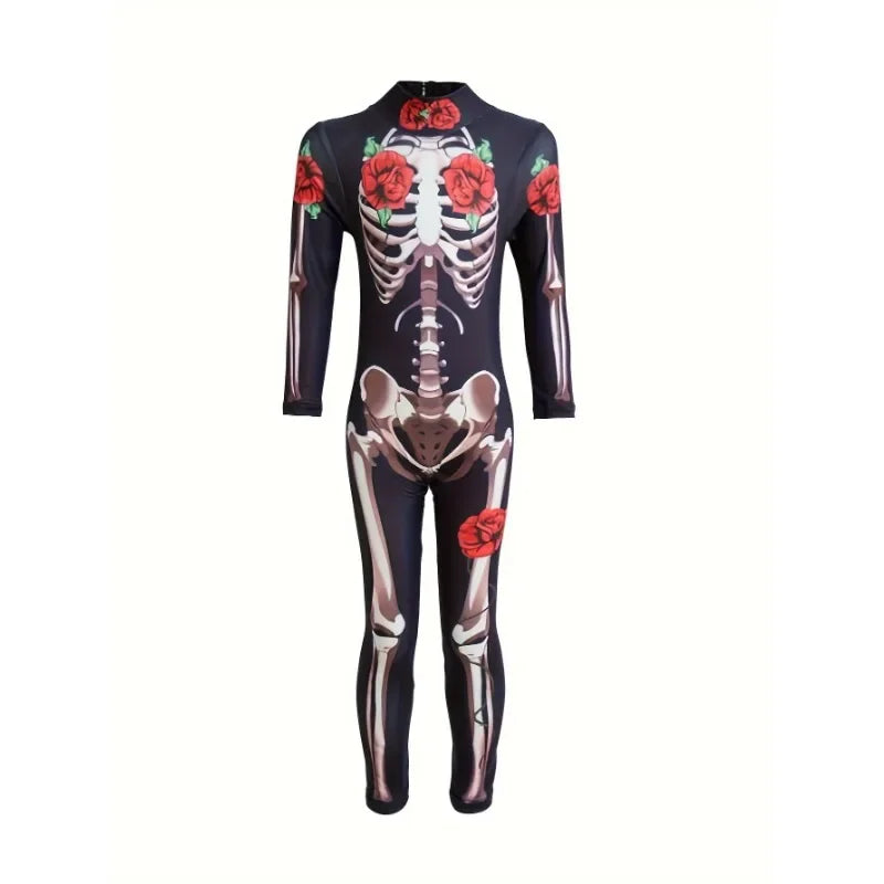 Halloween Girls Ghost Bride Theme Party Dress Costume Women's Skeleton Rose Pattern Printed Skeleton Long Sleeve Jumpsuit Party