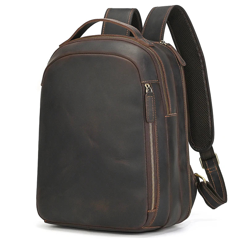 Luufan Men's Retro Crazy Horse Leather Backpack Brown Genuine Leather Rucksack Brown 14 Inch Laptop School Bag