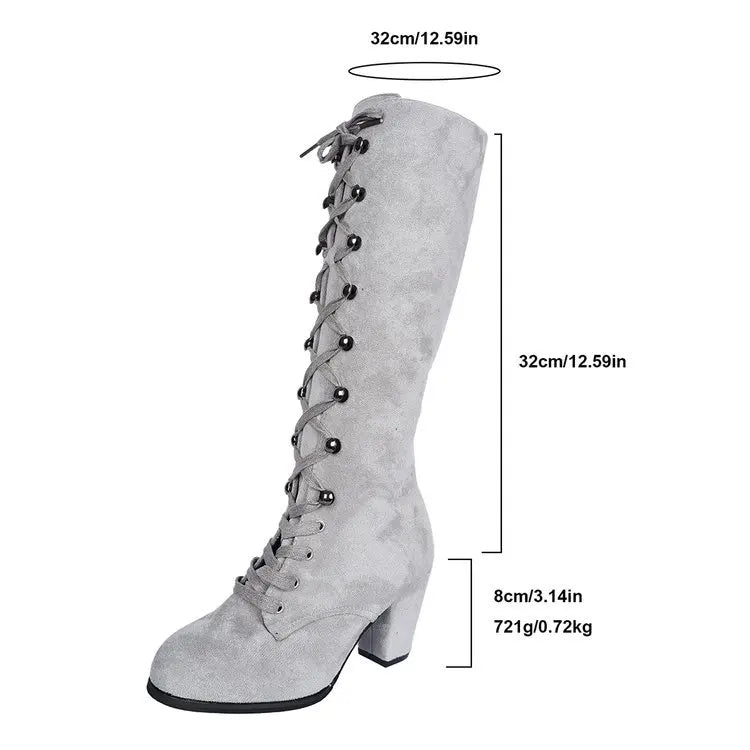 Winter Women Boots Shoes Fashion Vintage Lace-up Boots Women Round Cowboy High Heels Booties Shoes Woman Botas Mujer