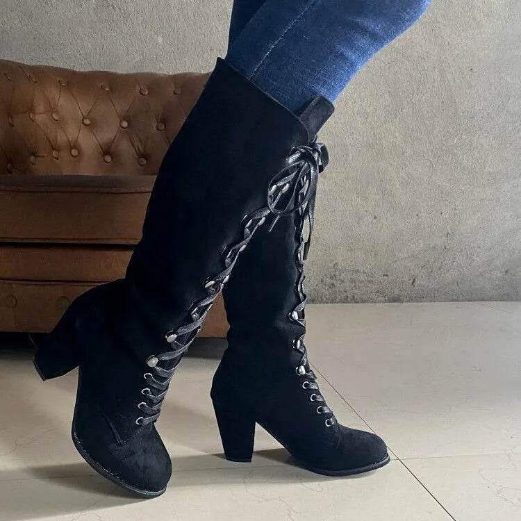 Winter Women Boots Shoes Fashion Vintage Lace-up Boots Women Round Cowboy High Heels Booties Shoes Woman Botas Mujer