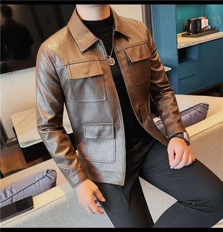 Autumn Winter High Quality Faux Leather Jacket Fashion Multi Pocket Design PU Leather Coats Man Vintage Business Slim Fit Coats